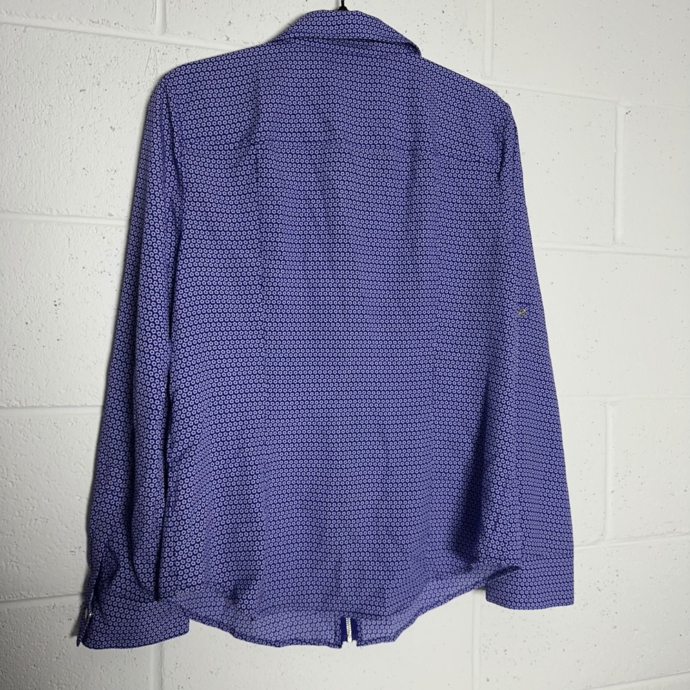 Michael Kors Purple Floral Geometric Zip‎ Front Roll Tab Sleeve Blouse Large - Picture 5 of 6